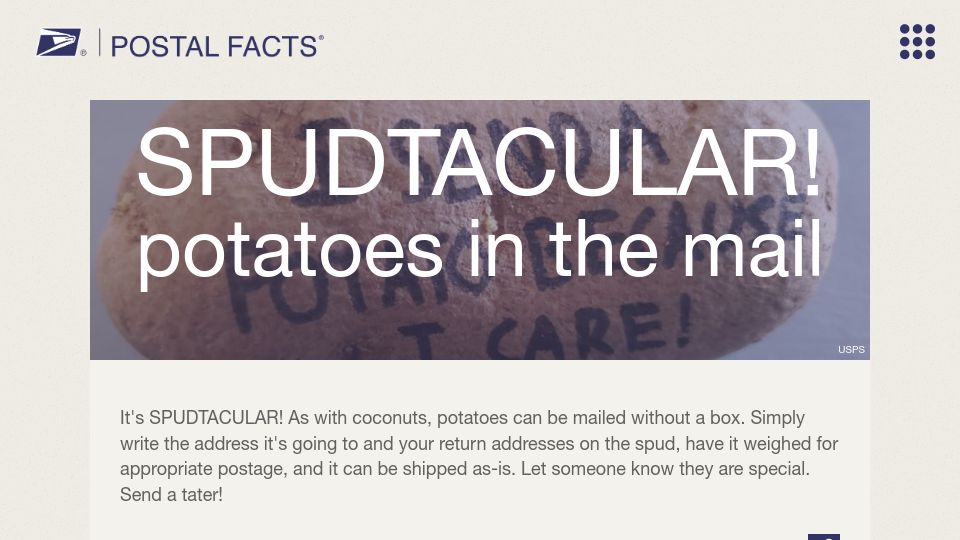 Screenshot of facts.usps.com: Potatoes in the Mail