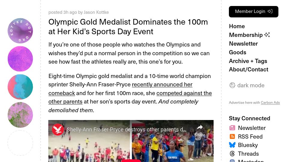 Screenshot of kottke.org: Olympic Gold Medalist Dominates the 100M at Her Kid's Sports Day Event
