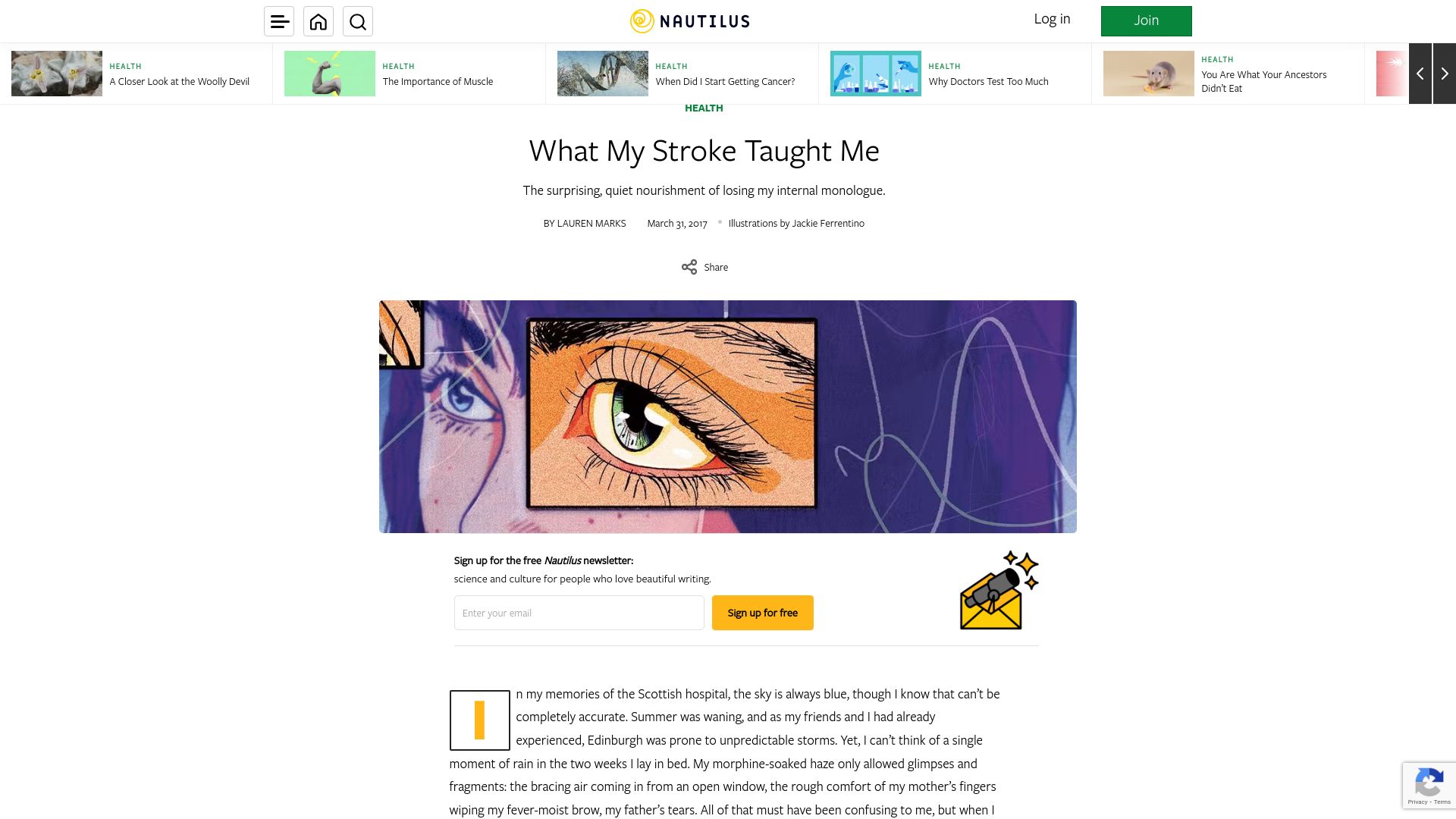 Screenshot of nautil.us: What my stroke taught me (2017)