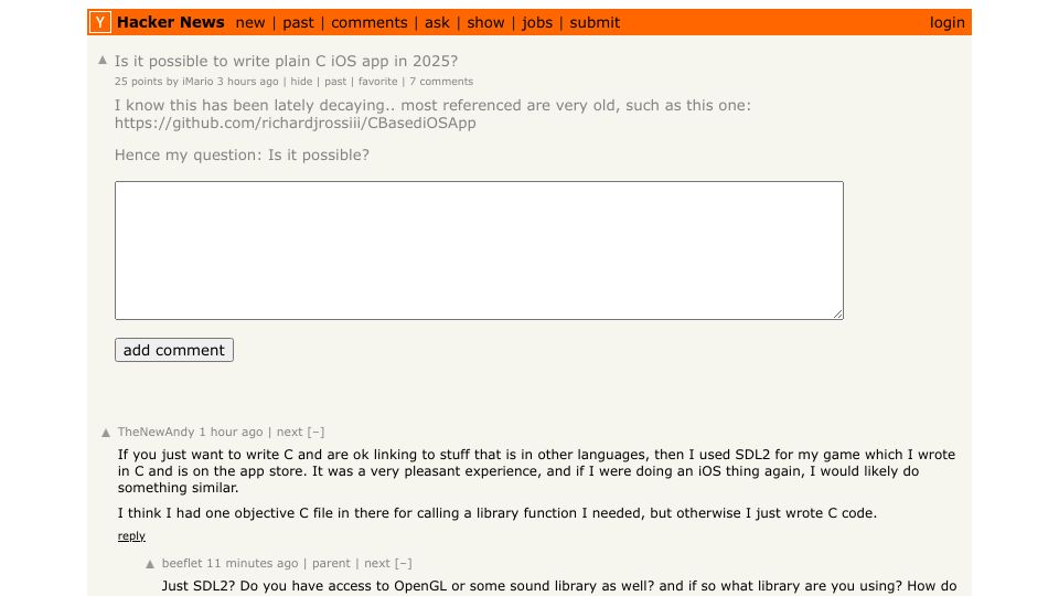 Screenshot of Hacker News post: Is it possible to write plain C iOS app in 2025?