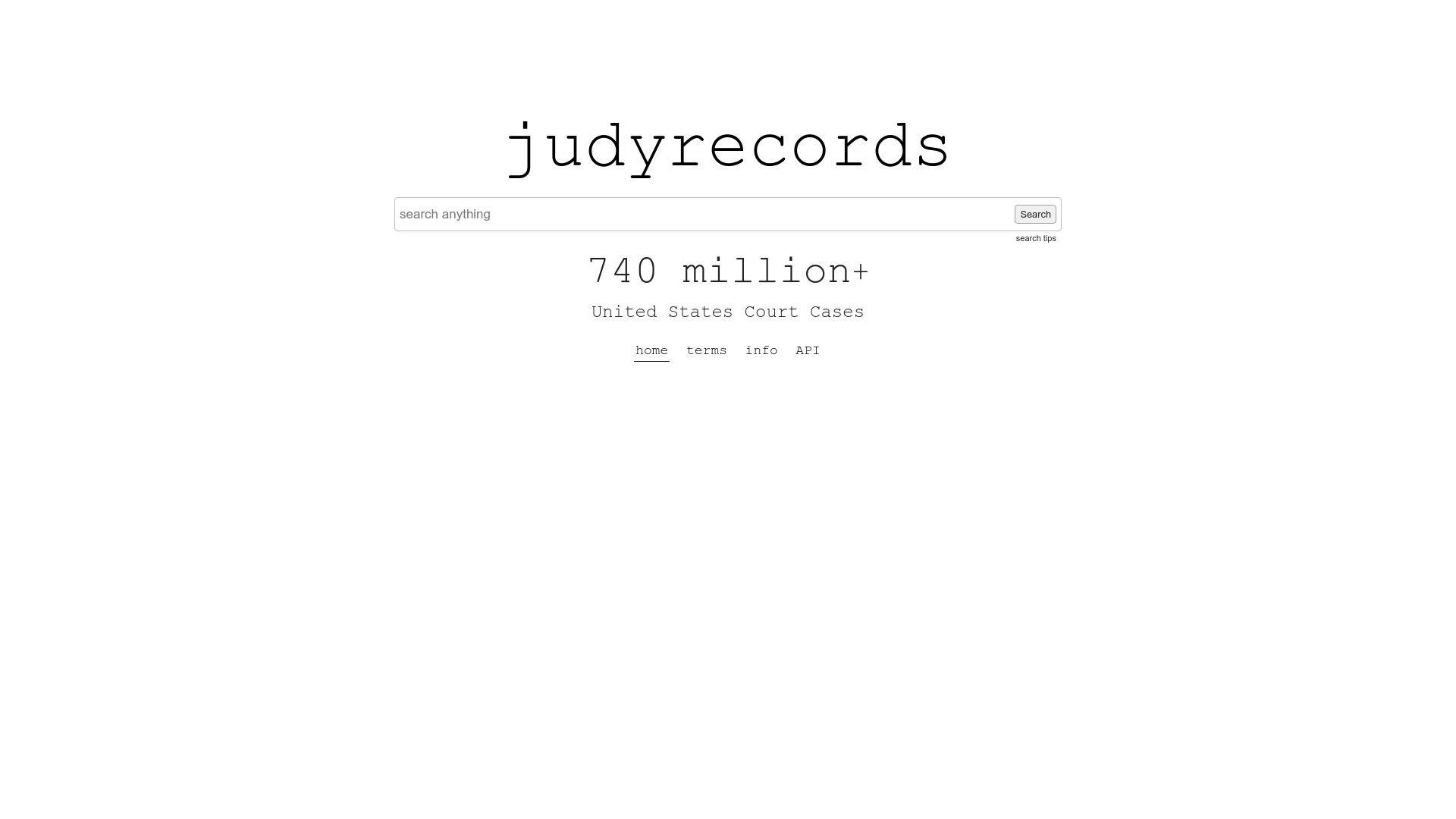 Screenshot of judyrecords.com: Full Text Search of US Court records