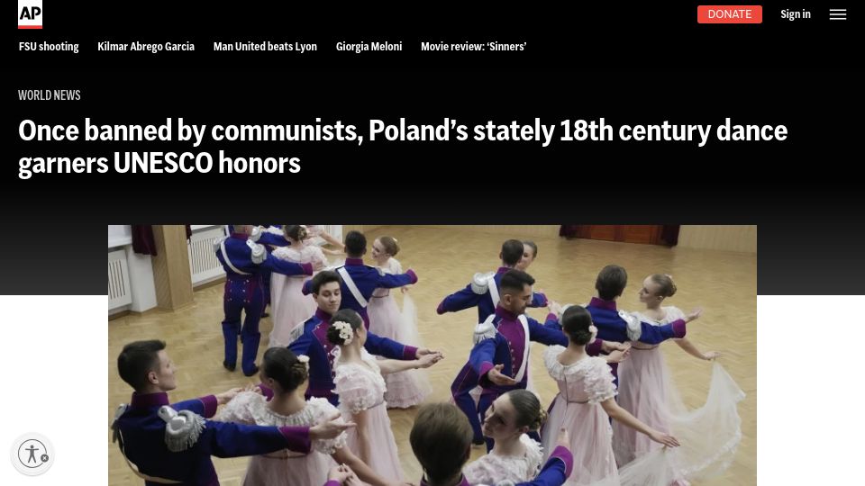 Screenshot of apnews.com: Once banned, Poland's stately 18th century dance garners UNESCO honors (2024)