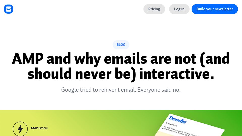 Screenshot of buttondown.com: AMP and why emails are not (and should never be) interactive