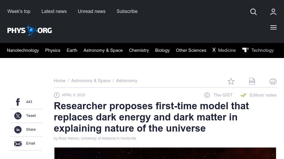 Screenshot of phys.org: Researcher proposes model replacing dark energy/matter to explain universe