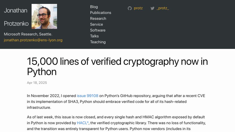 Screenshot of jonathan.protzenko.fr: 15,000 lines of verified cryptography now in Python