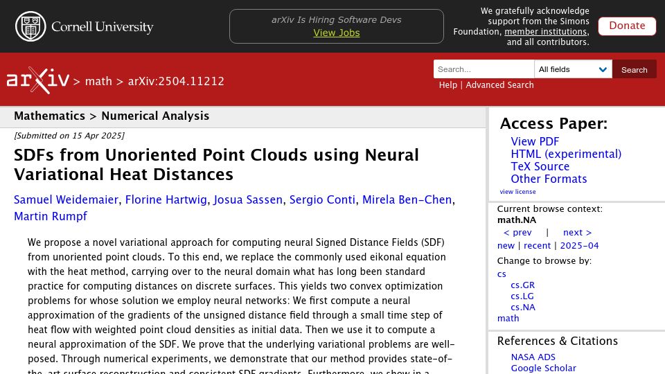 Screenshot of arxiv.org: SDFs from Unoriented Point Clouds Using Neural Variational Heat Distances