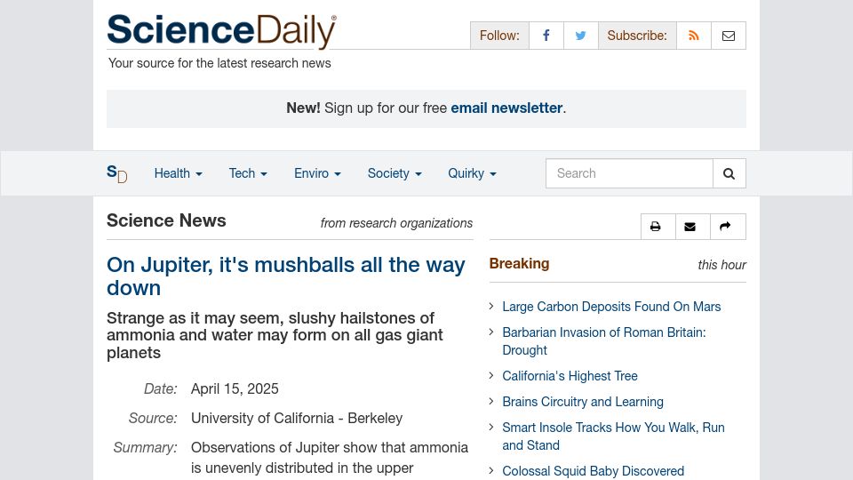 Screenshot of sciencedaily.com: Jupiter, it's mushballs all the way down