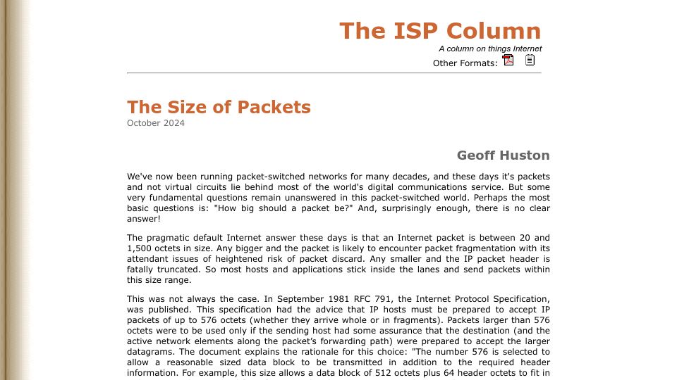 Screenshot of potaroo.net: The Size of Packets