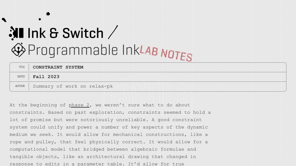 Screenshot of inkandswitch.com: Ink and Switch Constraint System (2023)
