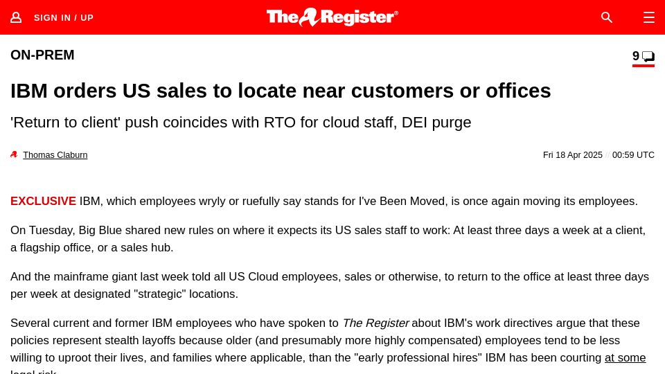 Screenshot of theregister.com: IBM orders US sales to locate near customers, RTO for cloud staff, DEI purge