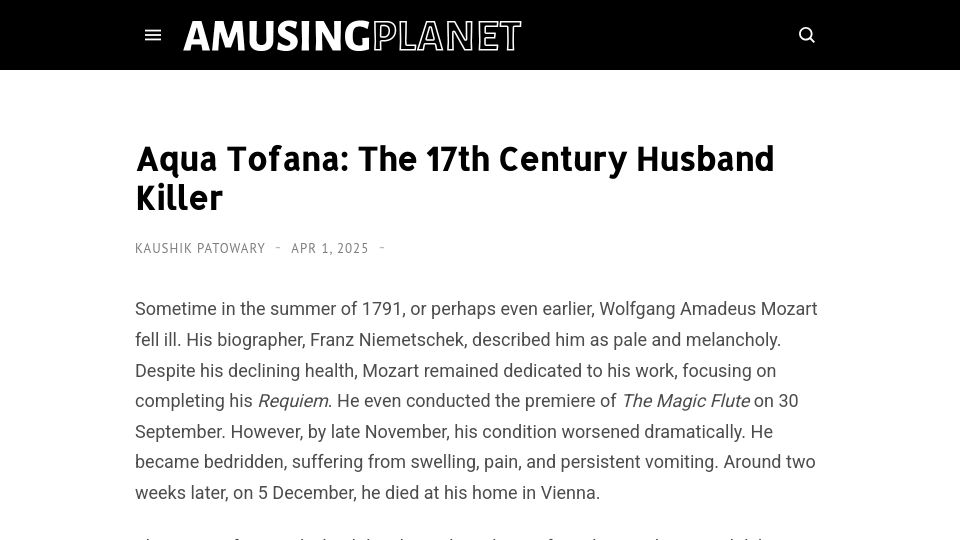 Screenshot of amusingplanet.com: Aqua Tofana: The 17th Century Husband Killer