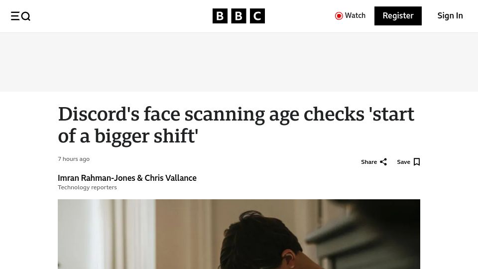 Screenshot of bbc.com: Discord's face scanning age checks 'start of a bigger shift'