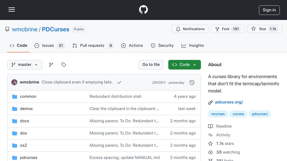 Screenshot of github.com: PDCurses – for environments that don't fit the termcap/terminfo model