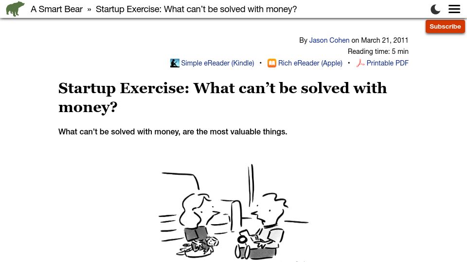 Screenshot of longform.asmartbear.com: Startup Exercise: What can't be solved with money? (2011)