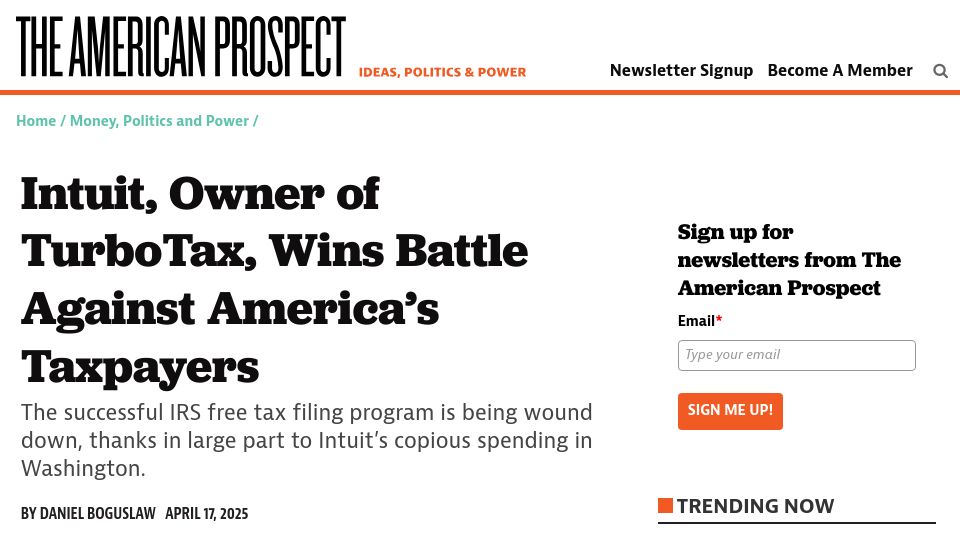 Screenshot of prospect.org: Intuit, Owner of TurboTax, Wins Battle Against America's Taxpayers
