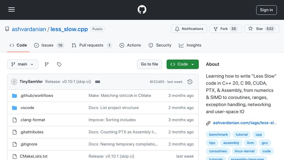 Screenshot of github.com: Less Slow C++