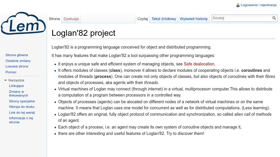 Screenshot of lem12.uksw.edu.pl: Loglan'82: programming language for object-oriented and distributed programming