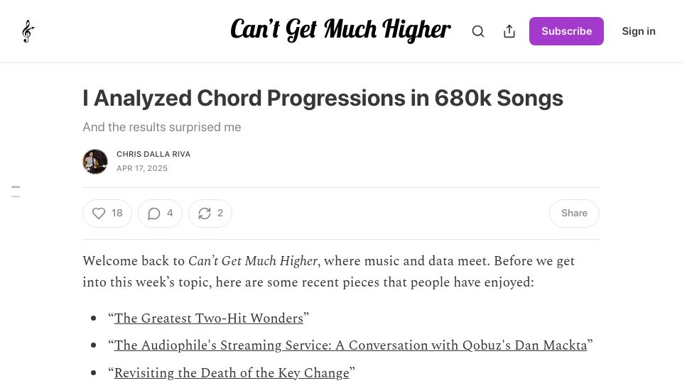 Screenshot of cantgetmuchhigher.com: I analyzed chord progressions in 680k songs