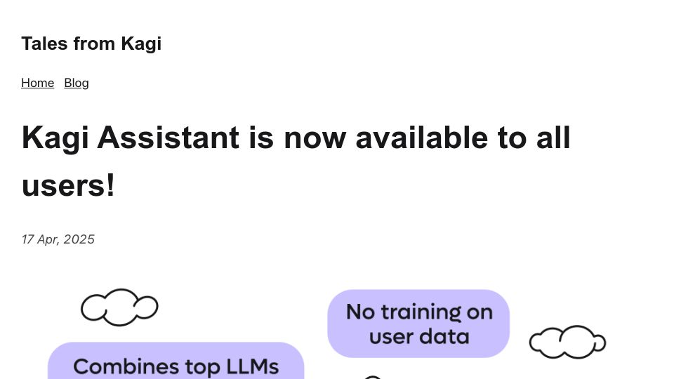 Screenshot of blog.kagi.com: Kagi Assistant is now available to all users