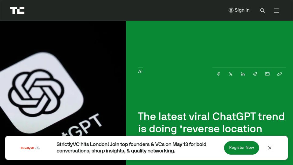 Screenshot of techcrunch.com: Viral ChatGPT trend is doing 'reverse location search' from photos