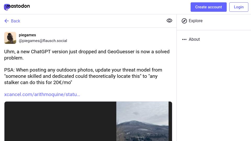 Screenshot of flausch.social: ChatGPT now performs well at GeoGuesser