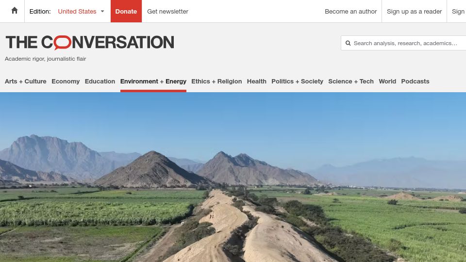 Screenshot of theconversation.com: Peru's ancient irrigation systems turned deserts into farms because of culture