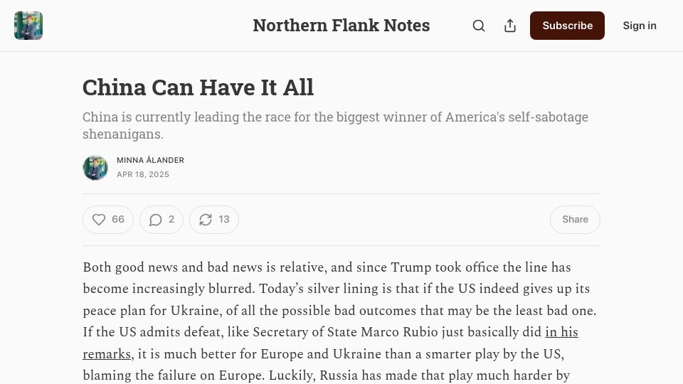 Screenshot of minnalander.substack.com: China Can Have It All – China is currently winner of America's self-sabotage