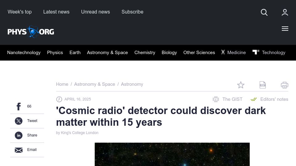 Screenshot of phys.org: 'Cosmic radio' detector could discover dark matter within 15 years