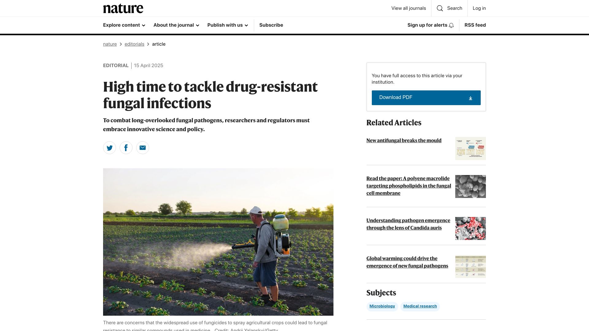 Screenshot of nature.com: High time to tackle drug-resistant fungal infections