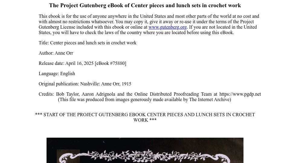 Screenshot of gutenberg.org: Center Pieces and Lunch Sets in Crochet Work (1915)