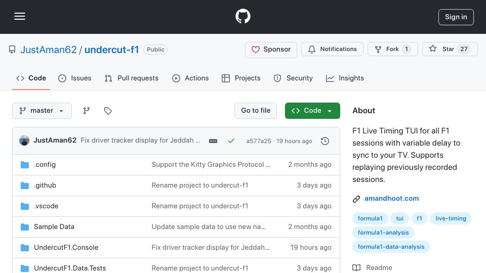 Screenshot of github.com: Show HN: Undercutf1 – F1 Live Timing TUI with Driver Tracker, Variable Delay