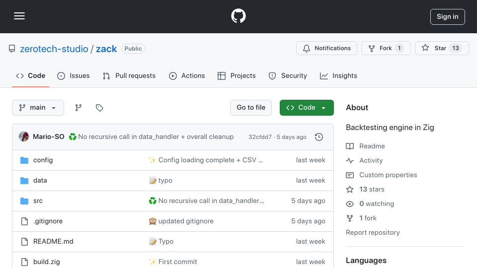 Screenshot of github.com: Zack: A Simple Backtesting Engine in Zig