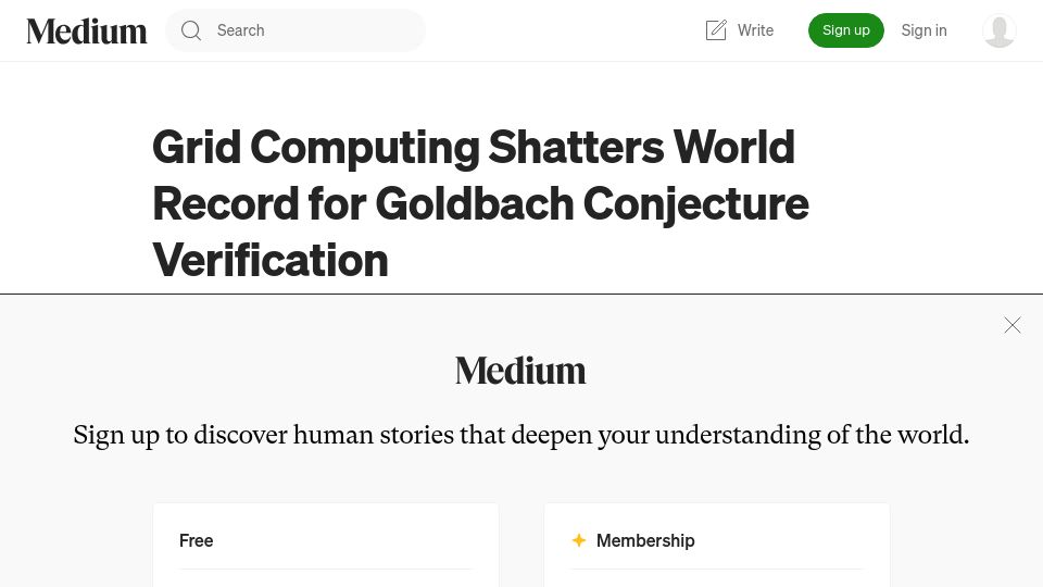 Screenshot of medium.com: Show HN: Goldbach Conjecture up to 4*10^18+7*10^13