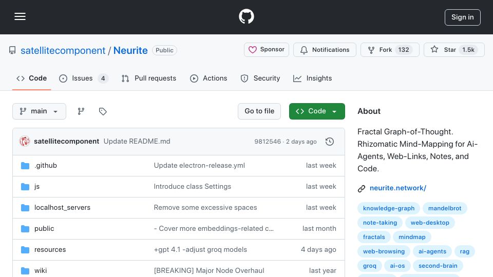 Screenshot of github.com: Neurite