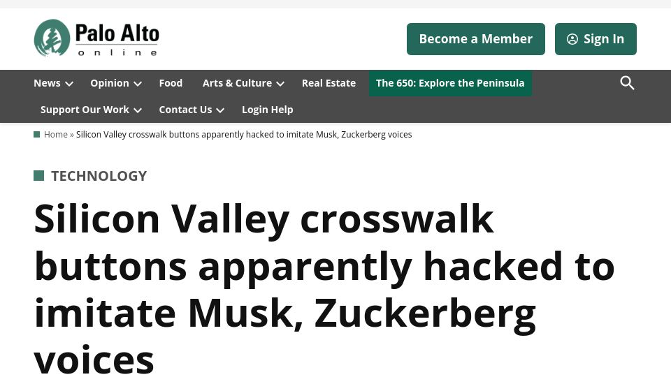 Screenshot of paloaltoonline.com: Silicon Valley crosswalk buttons apparently hacked to imitate Musk, Zuck voices