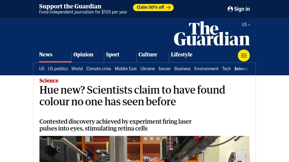Screenshot of theguardian.com: Scientists claim to have found colour no one has seen before