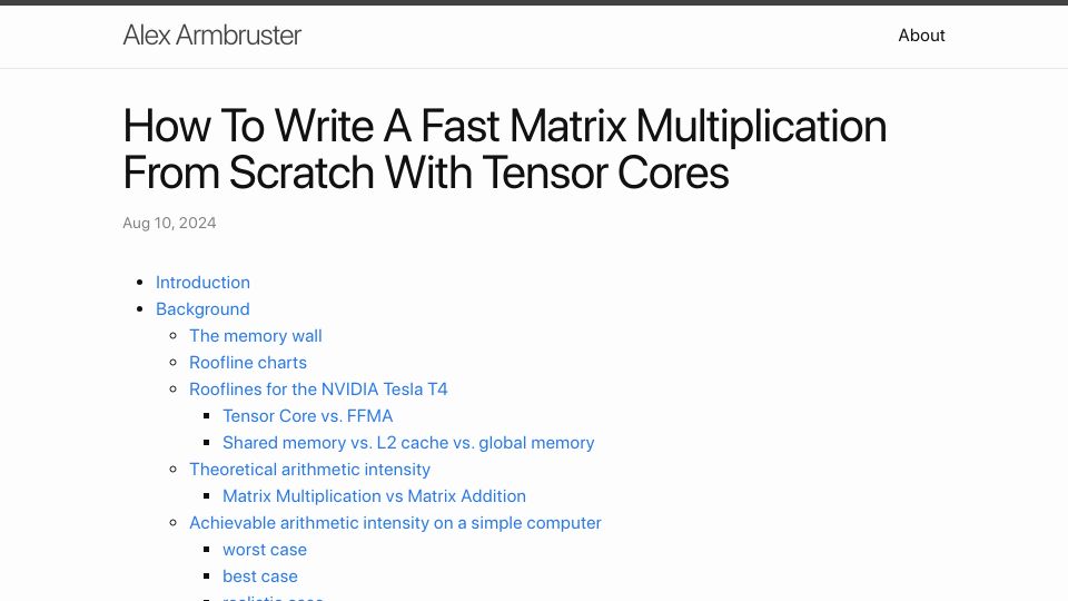Screenshot of alexarmbr.github.io: How to Write a Fast Matrix Multiplication from Scratch with Tensor Cores (2024)