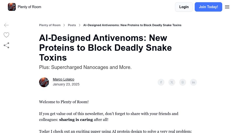 Screenshot of plentyofroom.beehiiv.com: AI-Designed Antivenoms: New Proteins to Block Deadly Snake Toxins