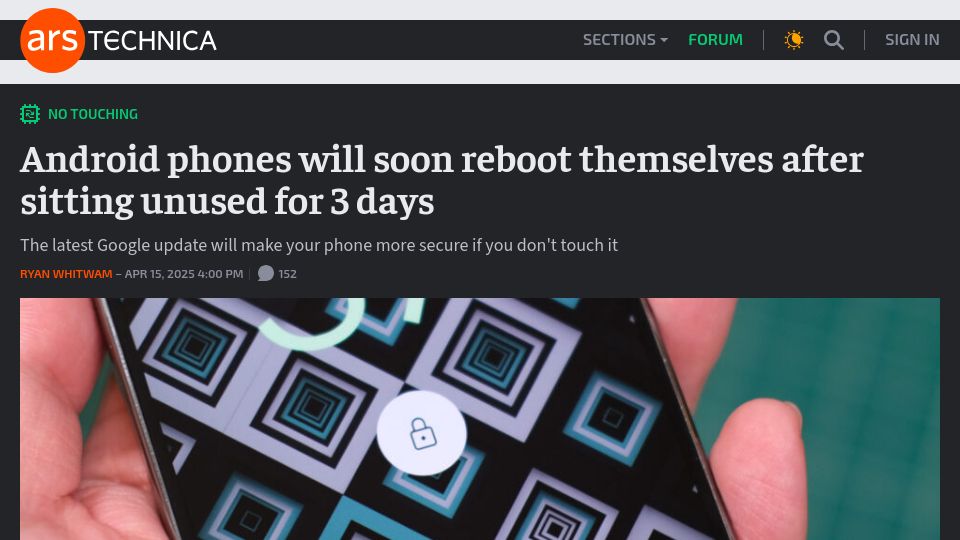 Screenshot of arstechnica.com: Android phones will soon reboot themselves after sitting unused for three days