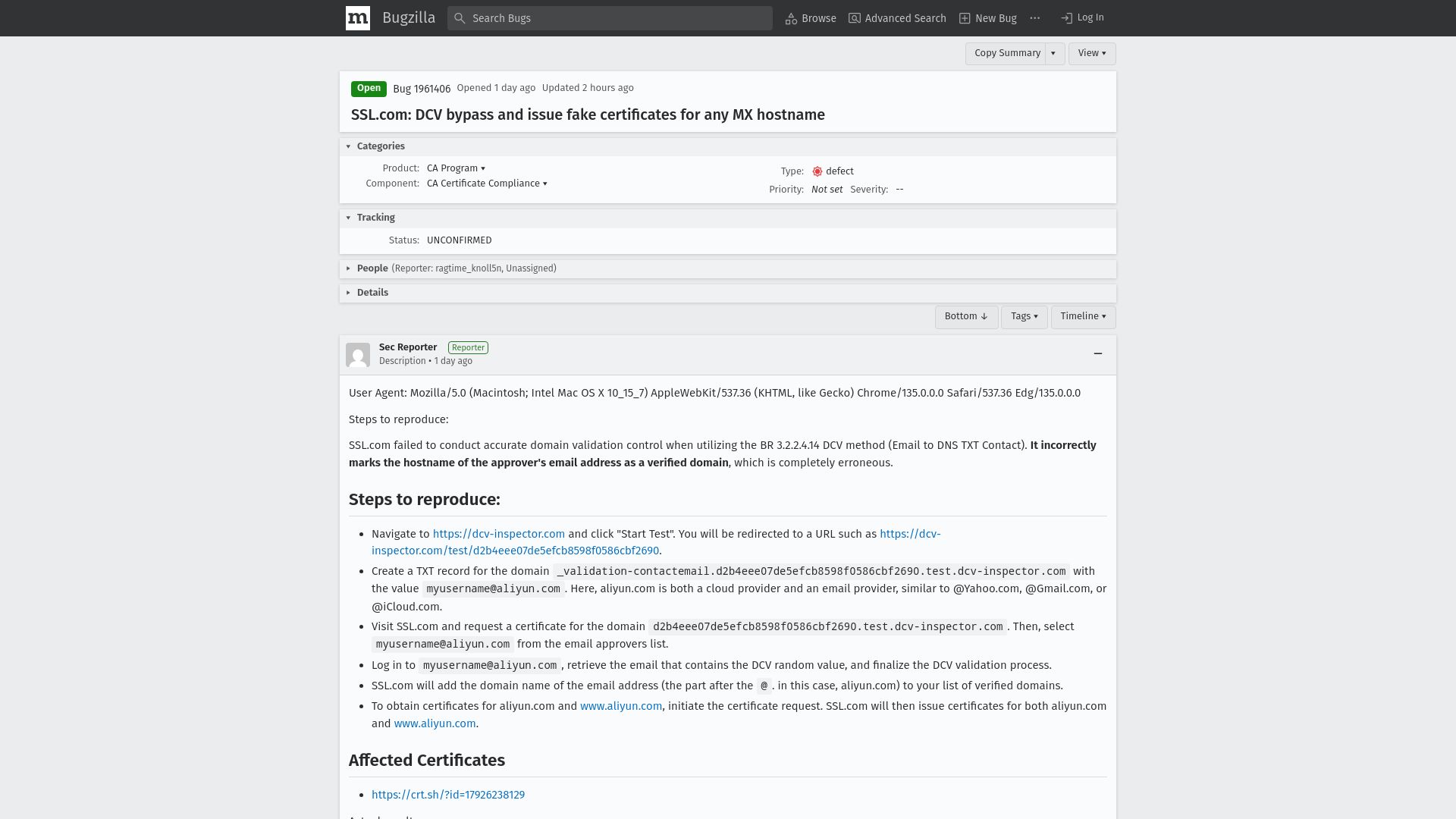 Screenshot of bugzilla.mozilla.org: Ssl.com: DCV bypass and issue fake certificates for any MX hostname