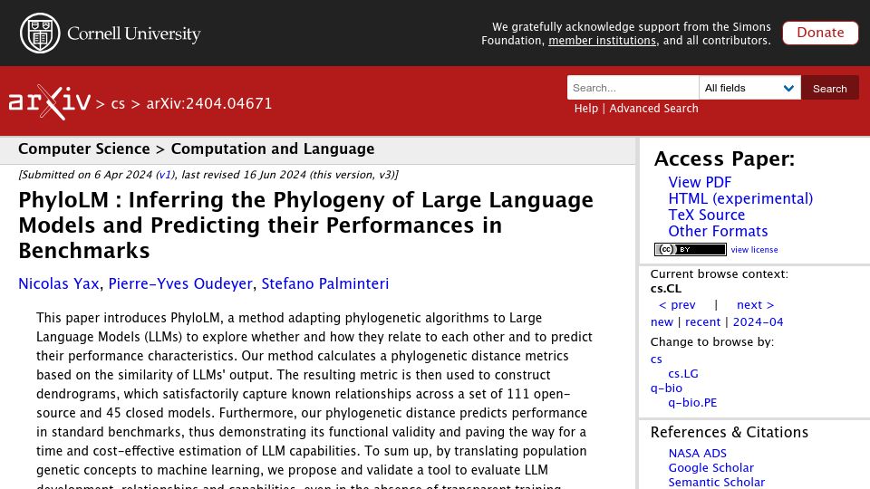 Screenshot of arxiv.org: Inferring the Phylogeny of Large Language Models