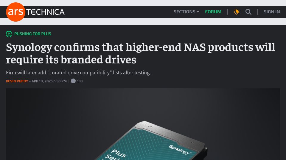 Screenshot of arstechnica.com: Synology confirms that higher-end NAS products will require its branded drives