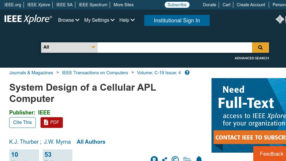 Screenshot of ieeexplore.ieee.org: System Design of a Cellular APL Computer