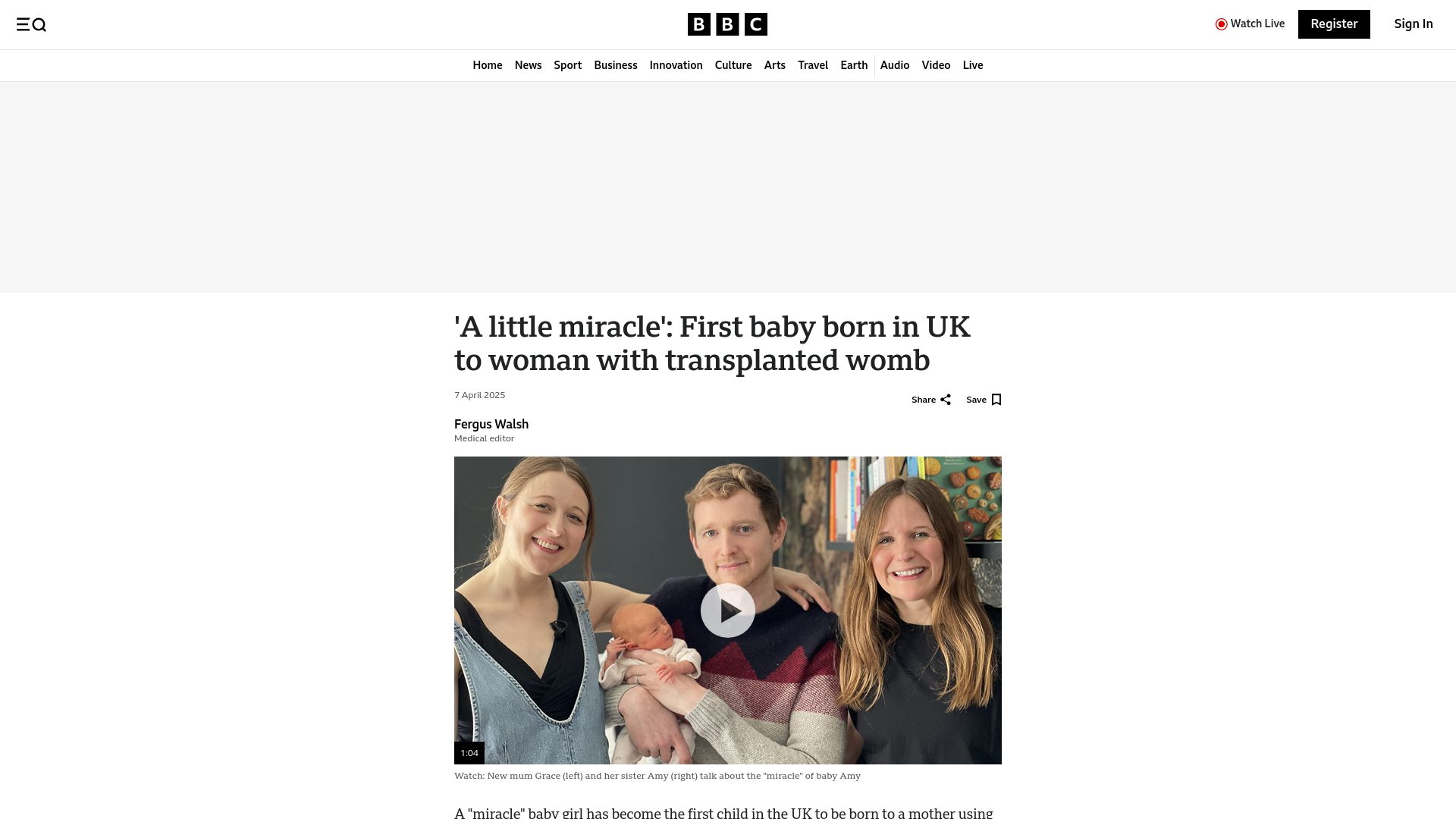 Screenshot of bbc.com: First baby born in UK to woman with transplanted womb