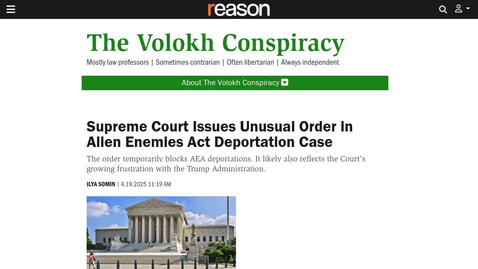 Screenshot of reason.com: Supreme Court Issues Unusual Order in Alien Enemies Act Deportation Case