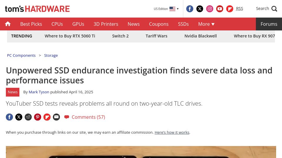 Screenshot of tomshardware.com: Unpowered SSD endurance investigation finds data loss and performance issues