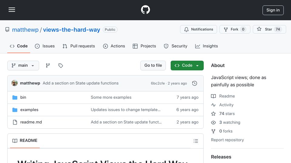 Screenshot of github.com: JavaScript Views, the Hard Way – A Pattern for Writing UI
