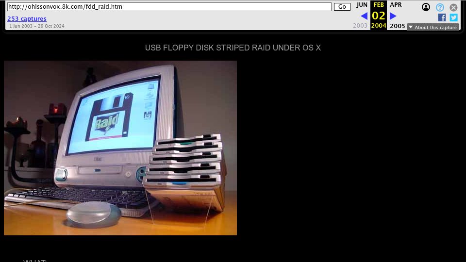 Screenshot of web.archive.org: USB Floppy Disk Striped RAID Under OS X (2004)