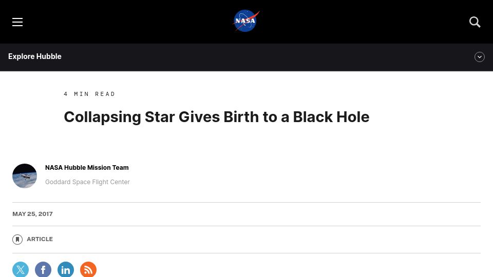 Screenshot of science.nasa.gov: A star appears to have collapsed straight into a black hole without supernova (2017)