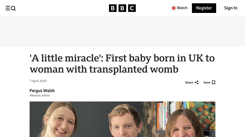 Screenshot of bbc.com: First baby born in UK to woman with transplanted womb